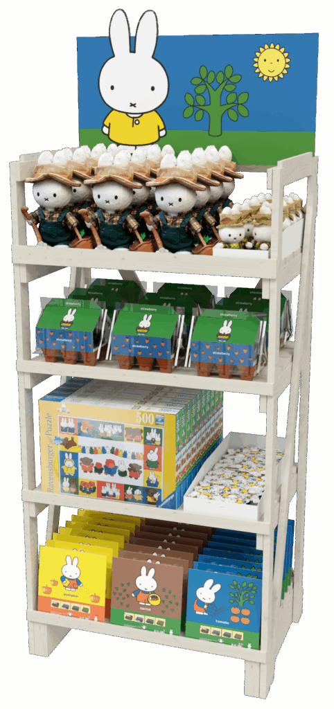 Show display for in shop with miffy products wholesale plush, plants, keychains, seeds, puzzles